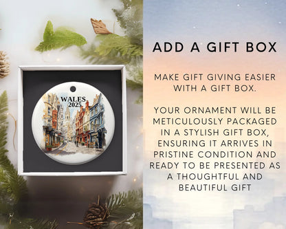 Custom Wales ceramic photo ornament with personalized message – handmade Christmas bauble, gift souvenir, or vacation keepsake. Add gift box