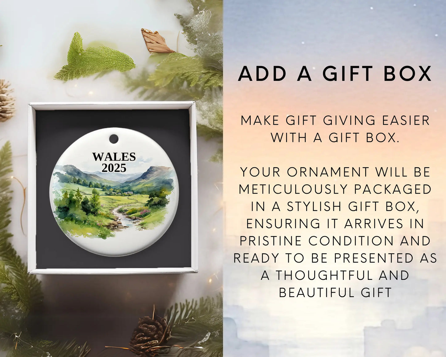 Custom Wales Cymru ceramic photo ornament with personalized message – handmade Christmas bauble, gift souvenir, or vacation keepsake. Add gift box