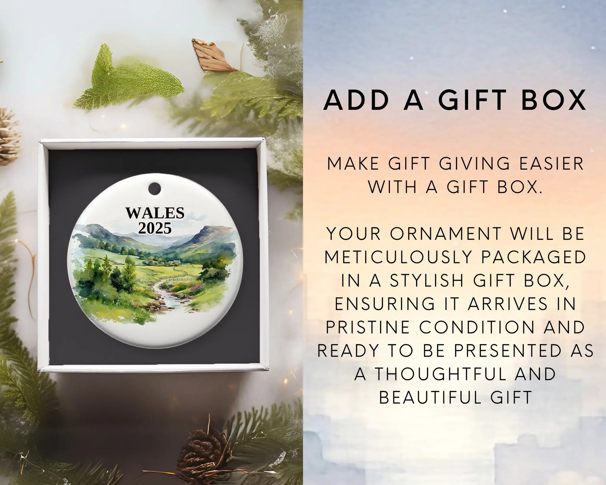 Custom Wales Cymru ceramic photo ornament with personalized message – handmade Christmas bauble, gift souvenir, or vacation keepsake. Add gift box