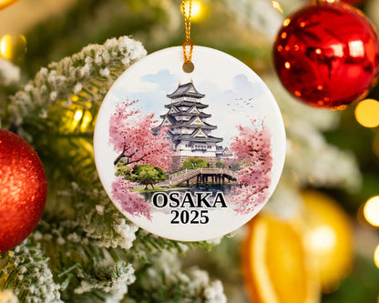 Custom Osaka Japan ceramic photo ornament with personalized message – handmade Christmas bauble, gift souvenir, or vacation keepsake. 