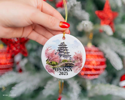 Custom Osaka Japan ceramic photo ornament with personalized message – handmade Christmas bauble, gift souvenir, or vacation keepsake. 
