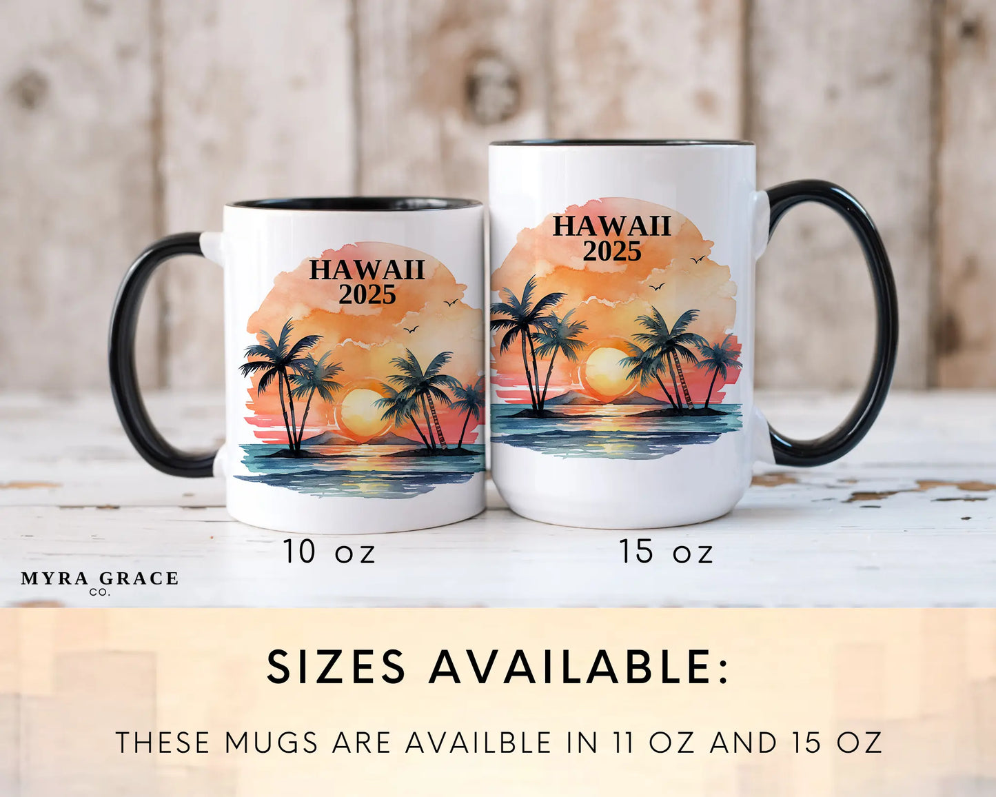 Custom ceramic Hawaii vacation mug with watercolor location design, date, and personal photo – personalized travel gift or photo mug. Sizes available