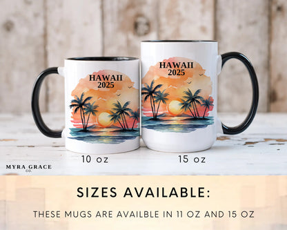 Custom ceramic Hawaii vacation mug with watercolor location design, date, and personal photo – personalized travel gift or photo mug. Sizes available