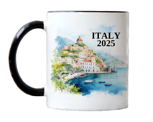 Custom ceramic Italy Amalfi Coast vacation mug with watercolor location design, date, and personal photo – personalized travel gift or photo mug. 