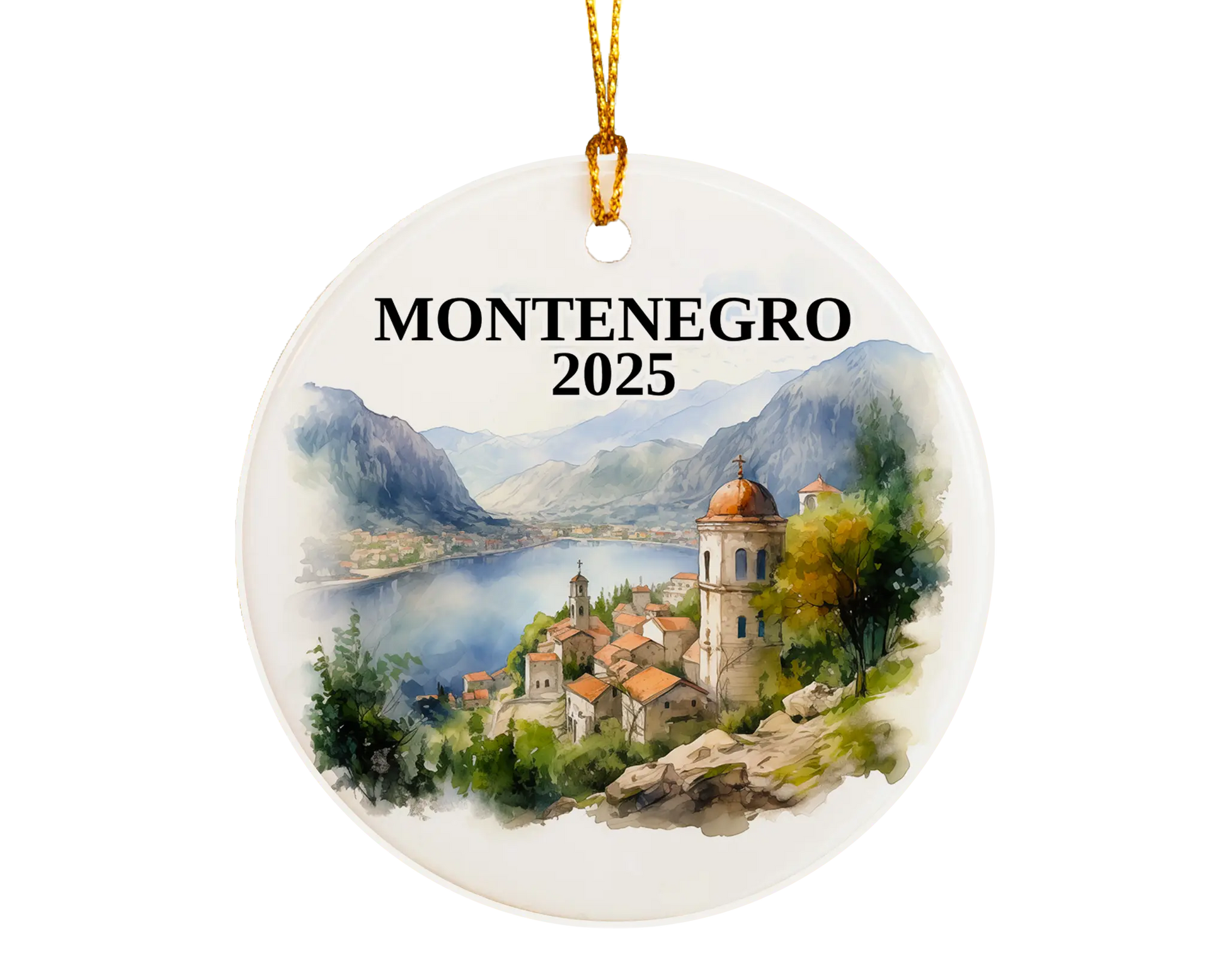 Custom Montenegro ceramic photo ornament with personalized message – handmade Christmas bauble, gift souvenir, or vacation keepsake.  