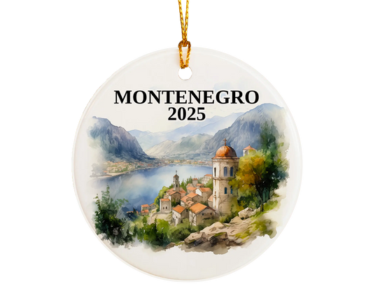 Custom Montenegro ceramic photo ornament with personalized message – handmade Christmas bauble, gift souvenir, or vacation keepsake.  
