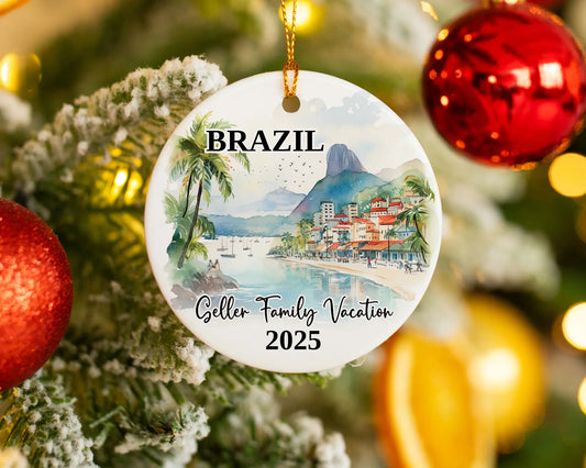 Custom vacation Brazil ceramic photo ornament with personalized message – handmade Christmas bauble, gift souvenir, or vacation keepsake. 