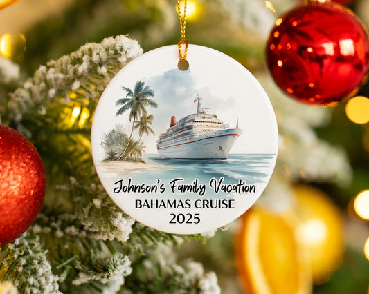 Handmade ceramic Bahamas cruise ornament with personalized location and photo – custom Christmas bauble or cruise vacation souvenir.