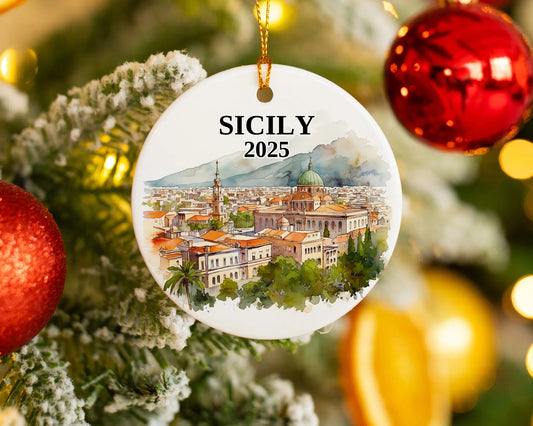 Sicily Italy Ornament Custom Gift Souvenir Bauble. Custom Sicily Italy ceramic photo ornament with personalized message – handmade Christmas bauble, gift souvenir, or vacation keepsake.  