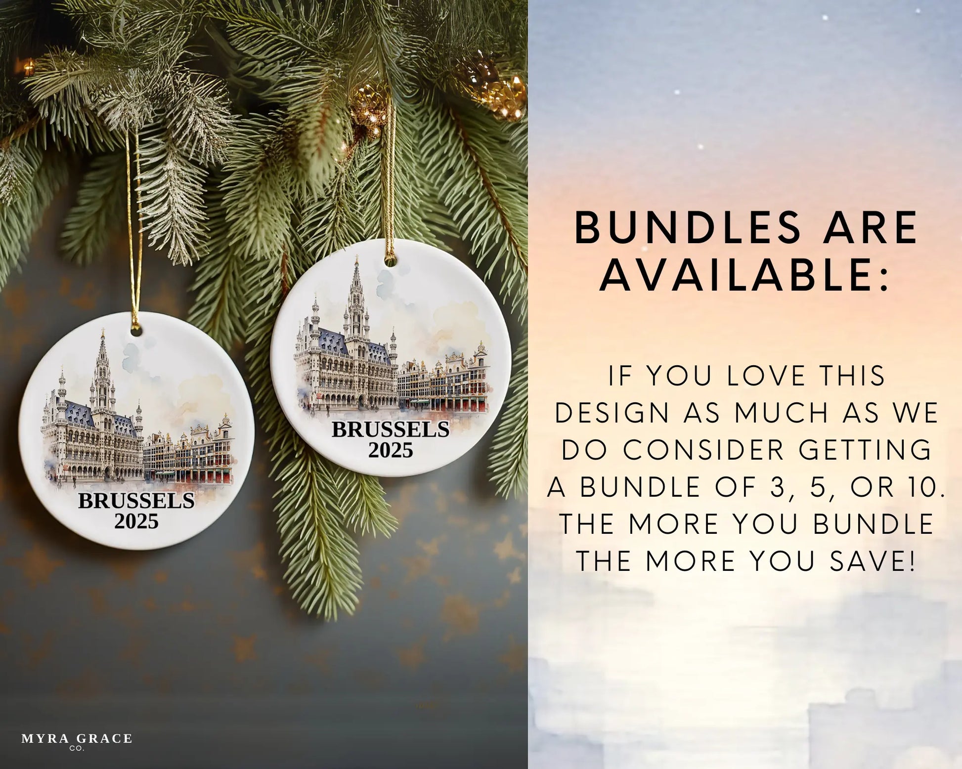 Custom Brussels Belgium ceramic photo ornament with personalized message – handmade Christmas bauble, gift souvenir, or vacation keepsake. Bundles are available