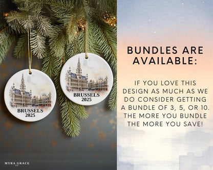 Custom Brussels Belgium ceramic photo ornament with personalized message – handmade Christmas bauble, gift souvenir, or vacation keepsake. Bundles are available