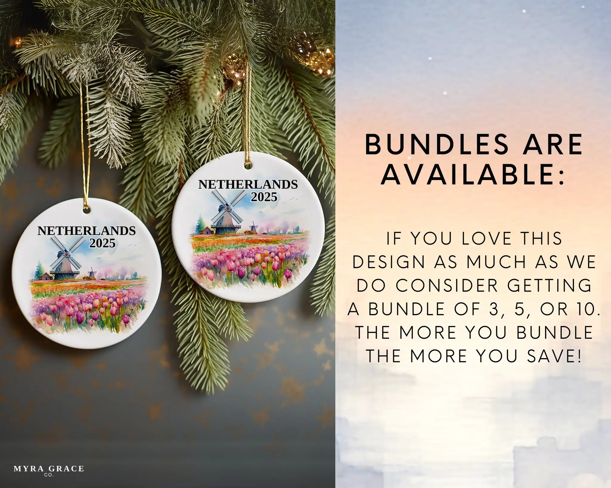 Custom Netherlands ceramic photo ornament with personalized message – handmade Christmas bauble, gift souvenir, or vacation keepsake.  Bundles are available