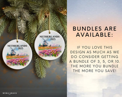 Custom Netherlands ceramic photo ornament with personalized message – handmade Christmas bauble, gift souvenir, or vacation keepsake.  Bundles are available