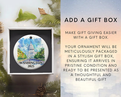 Custom Washington DC ceramic photo ornament with personalized message – handmade Christmas bauble, gift souvenir, or vacation keepsake. Add gift box