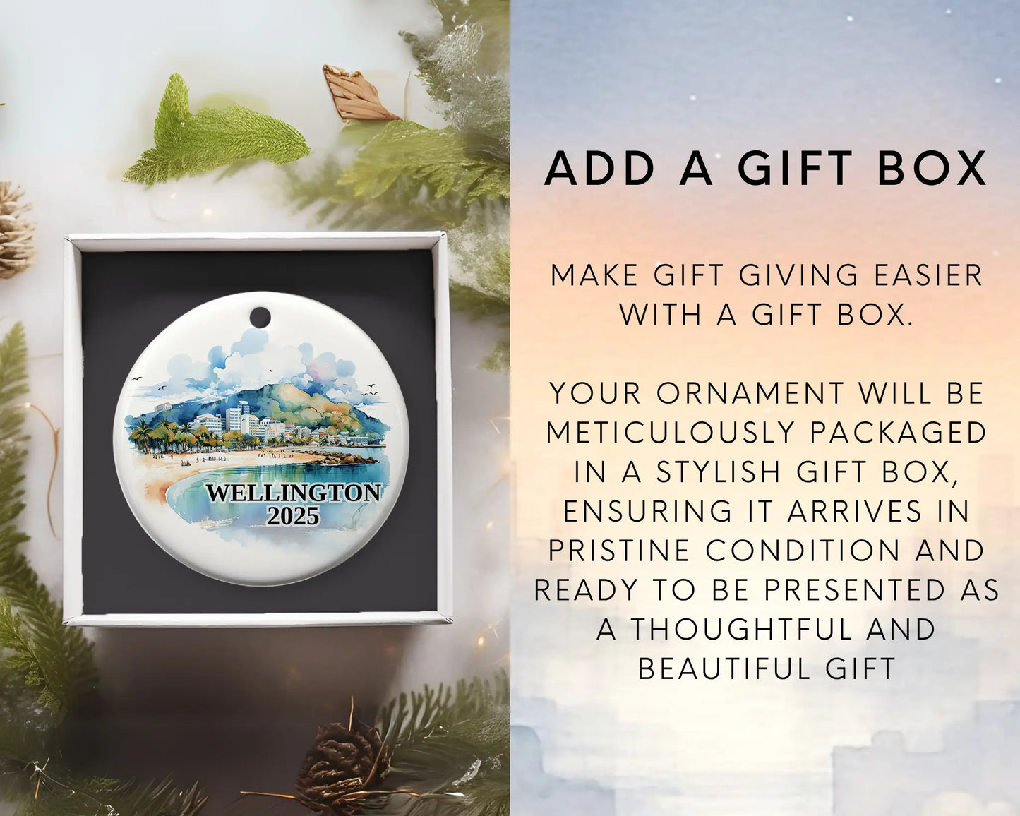 Custom Wellington New Zealand ceramic photo ornament with personalized message – handmade Christmas bauble, gift souvenir, or vacation keepsake. Add gift box