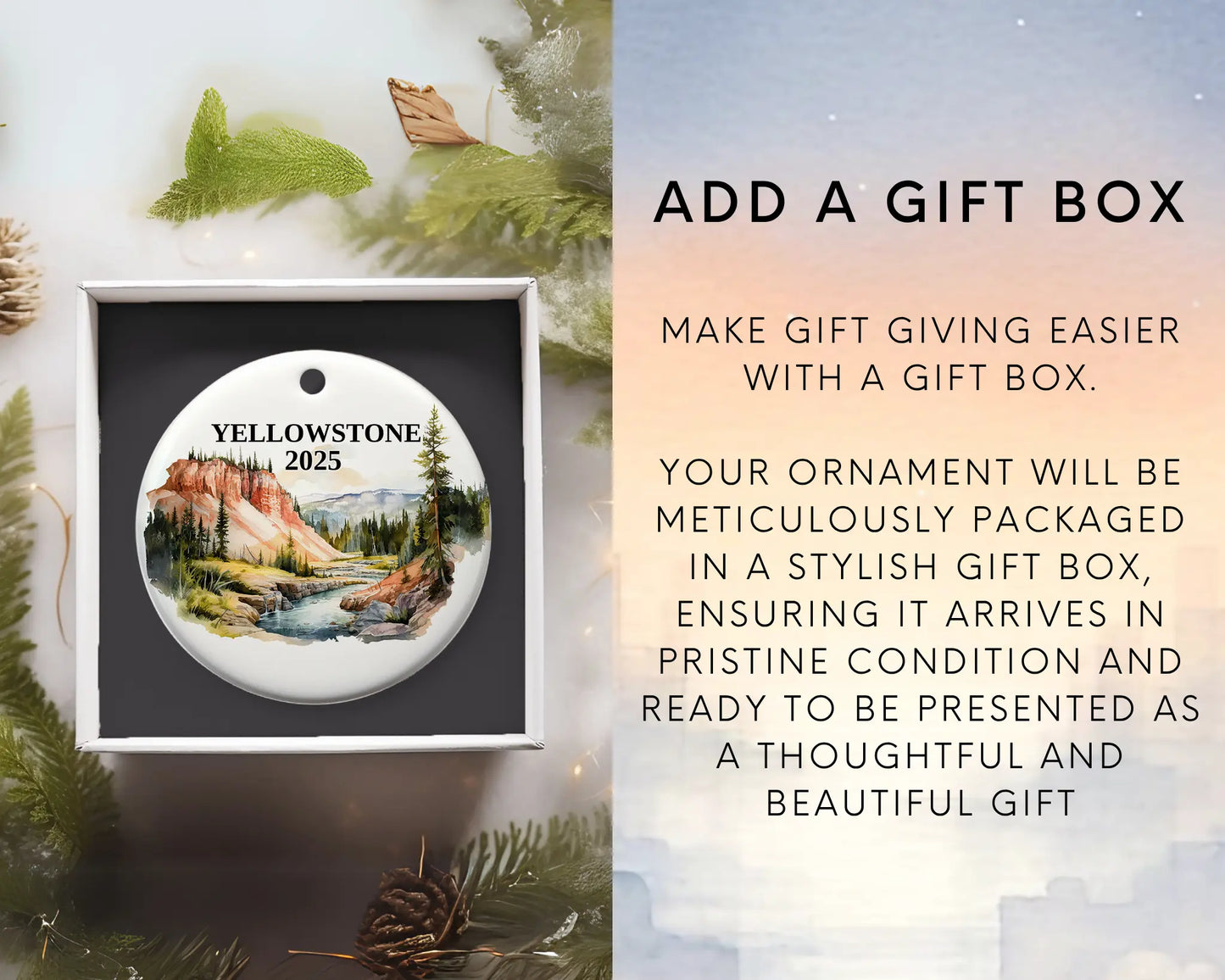 Custom Yellowstone National Park ceramic photo ornament with personalized message – handmade Christmas bauble, gift souvenir, or vacation keepsake. Add gift box