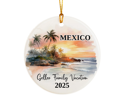 Custom vacation Mexico ceramic photo ornament with personalized message – handmade Christmas bauble, gift souvenir, or vacation keepsake. 