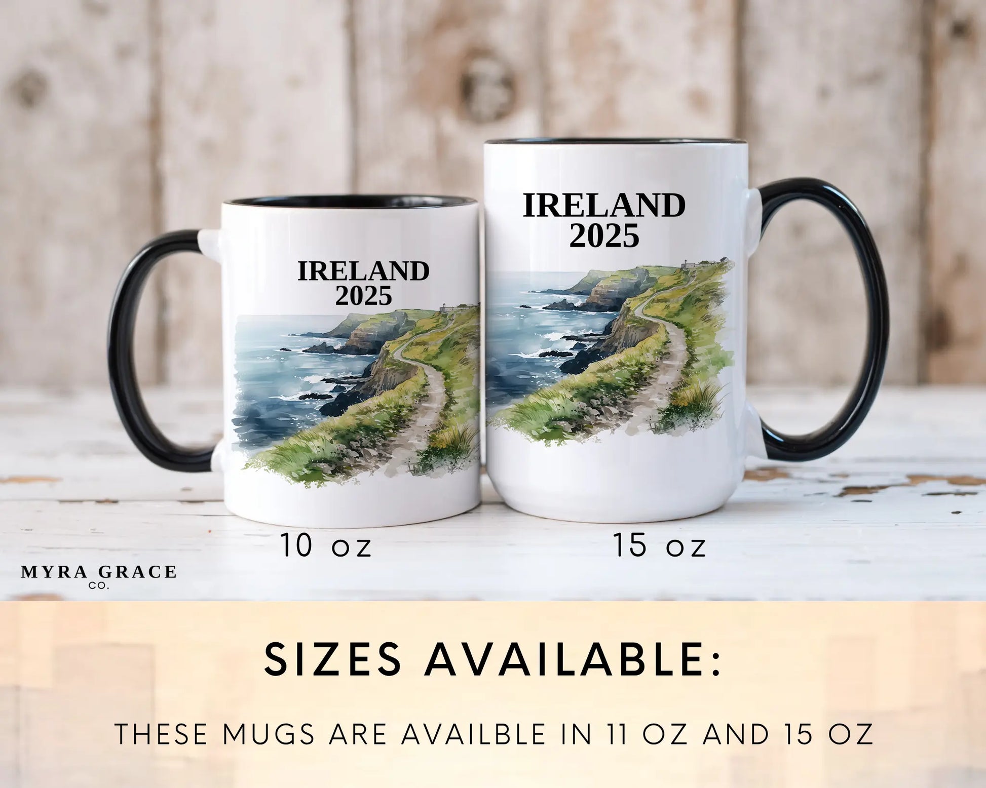 Custom ceramic Ireland Cliffs of Moher vacation mug with watercolor location design, date, and personal photo – personalized travel gift or photo mug. Sizes are available