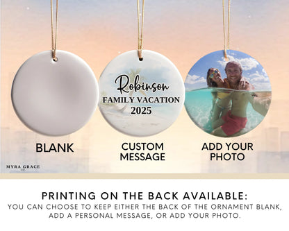 Custom Fiji ceramic photo ornament with personalized message – handmade Christmas bauble, gift souvenir, or vacation keepsake.  Add your photo
