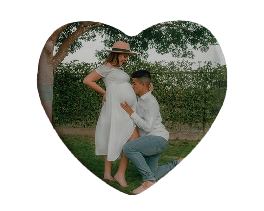 Heart-shaped custom pregnancy ceramic photo magnet on fridge – handmade personalized gift or Christmas fridge magnet. 