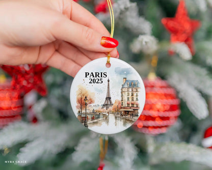 Custom Paris France ceramic photo ornament with personalized message – handmade Christmas bauble, gift souvenir, or vacation keepsake.  