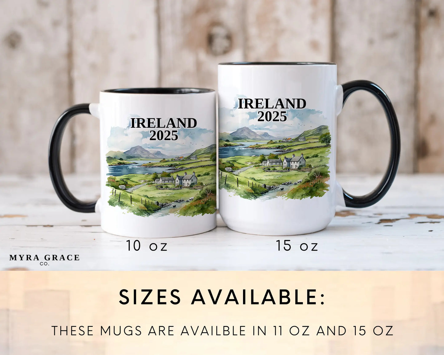 Custom ceramic Ireland vacation mug with watercolor location design, date, and personal photo – personalized travel gift or photo mug. Sizes available