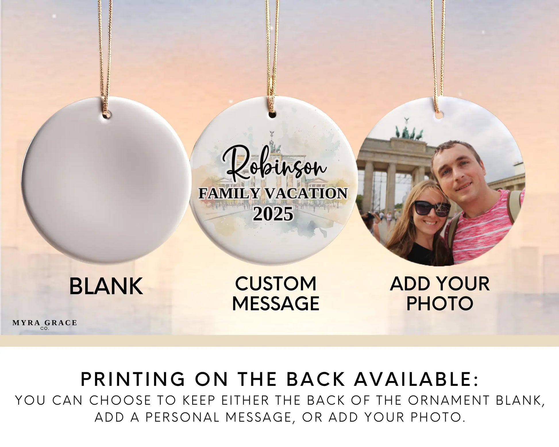 Custom Germany Berlin Gate ceramic photo ornament with personalized message – handmade Christmas bauble, gift souvenir, or vacation keepsake.  Add your photo