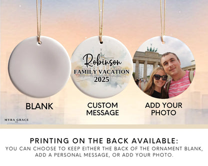 Custom Germany Berlin Gate ceramic photo ornament with personalized message – handmade Christmas bauble, gift souvenir, or vacation keepsake.  Add your photo