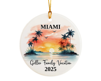 Custom vacation Miami Florida ceramic photo ornament with personalized message – handmade Christmas bauble, gift souvenir, or vacation keepsake. 