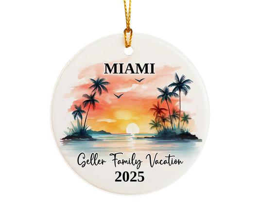 Custom vacation Miami Florida ceramic photo ornament with personalized message – handmade Christmas bauble, gift souvenir, or vacation keepsake. 