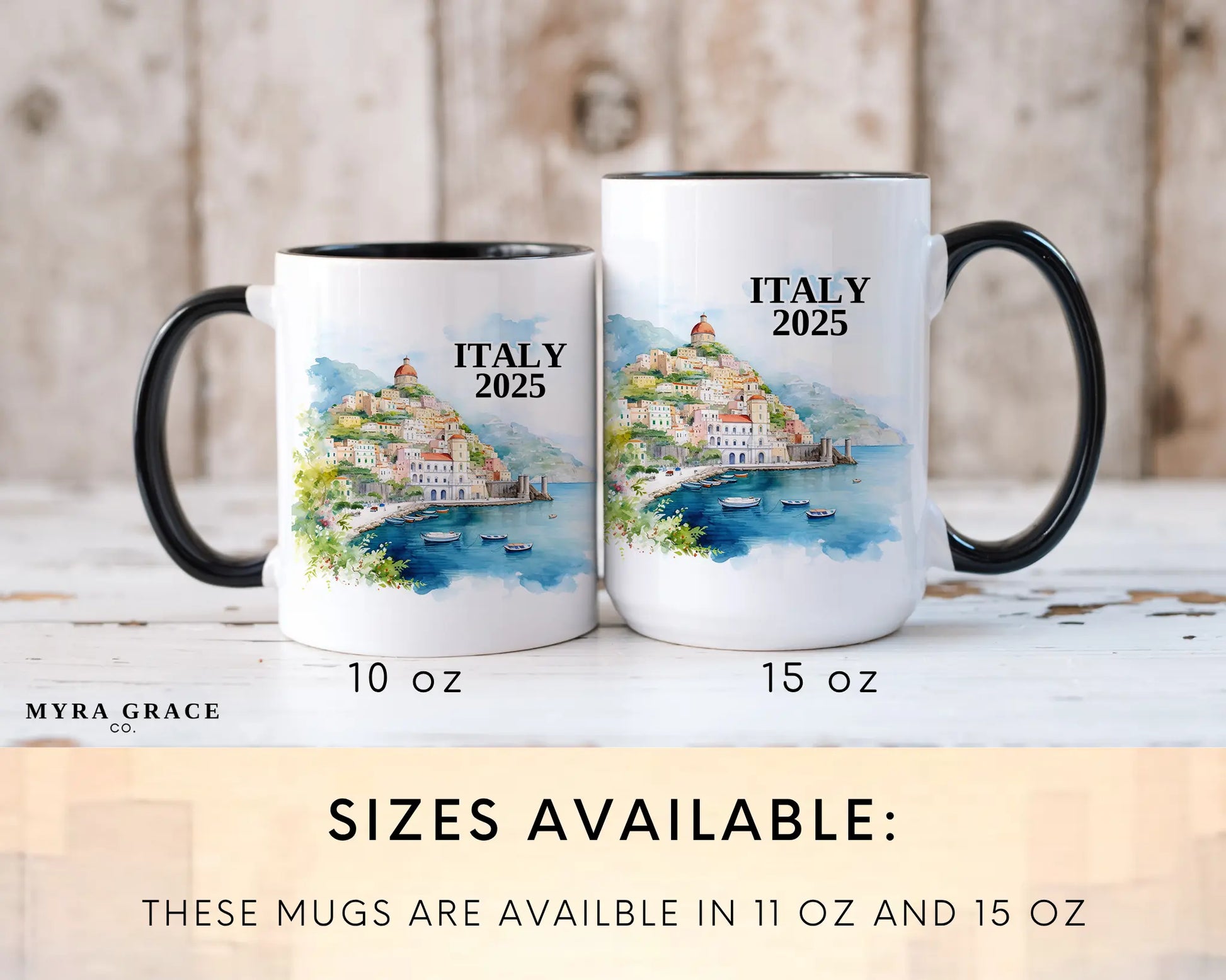 Custom ceramic Italy Amalfi Coast vacation mug with watercolor location design, date, and personal photo – personalized travel gift or photo mug. Sizes available