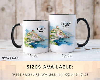 Custom ceramic Italy Amalfi Coast vacation mug with watercolor location design, date, and personal photo – personalized travel gift or photo mug. Sizes available