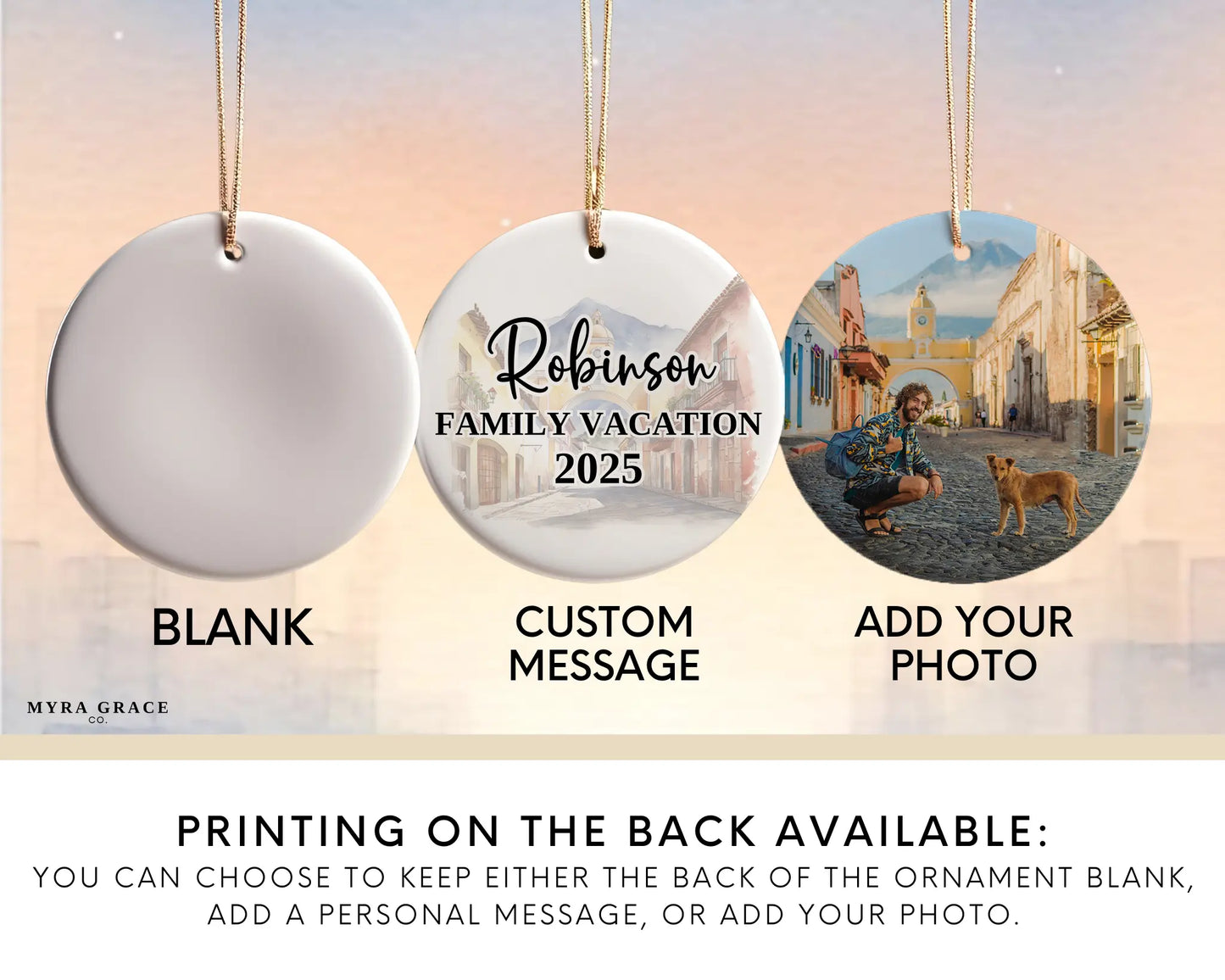Custom Guatemala Antigua ceramic photo ornament with personalized message – handmade Christmas bauble, gift souvenir, or vacation keepsake. Add your photo