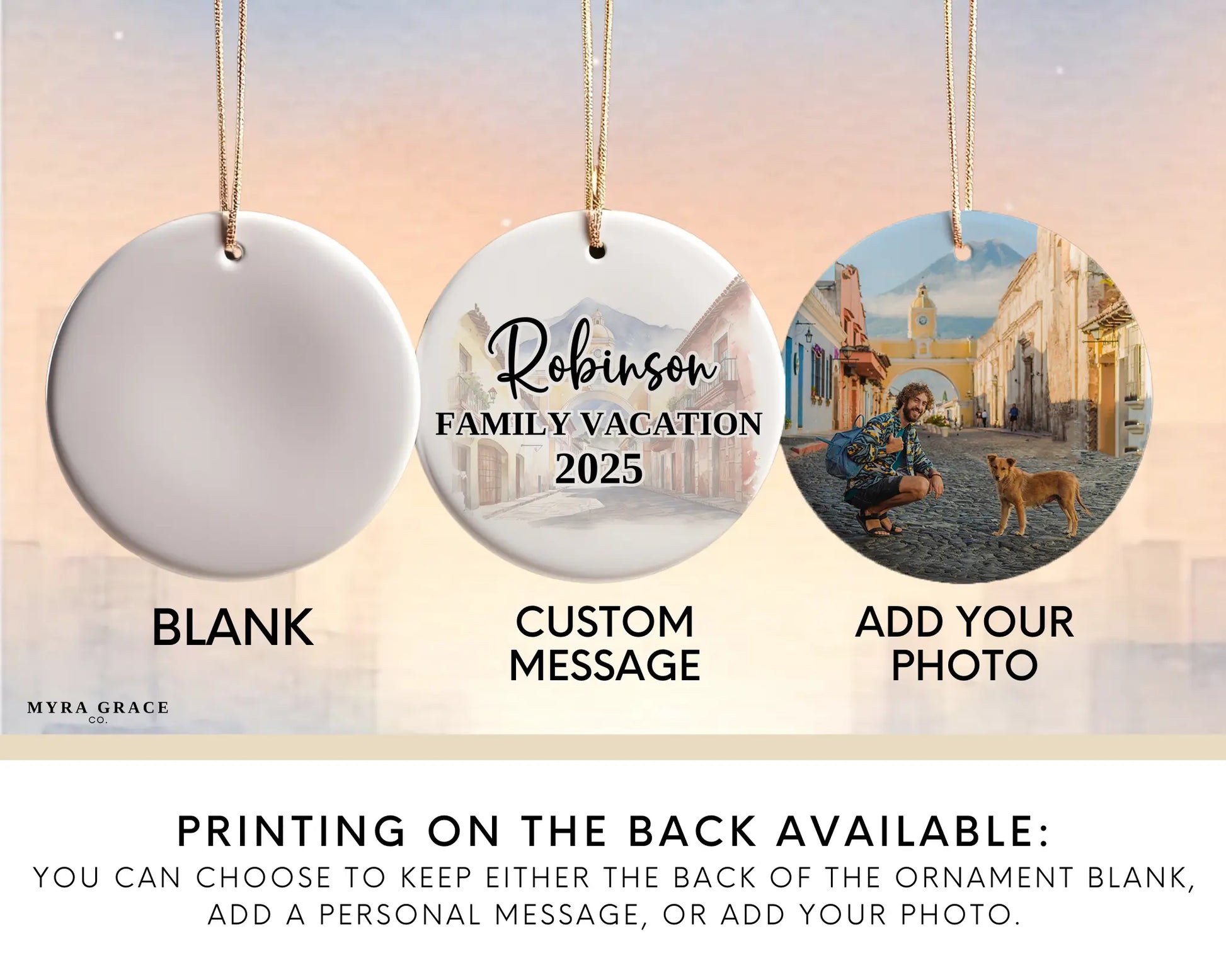 Custom Guatemala Antigua ceramic photo ornament with personalized message – handmade Christmas bauble, gift souvenir, or vacation keepsake. Add your photo