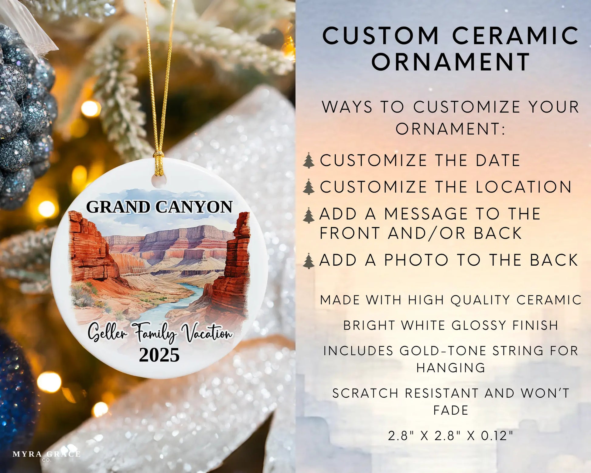 Custom vacation Grand Canyon ceramic photo ornament with personalized message – handmade Christmas bauble, gift souvenir, or vacation keepsake. Infographic