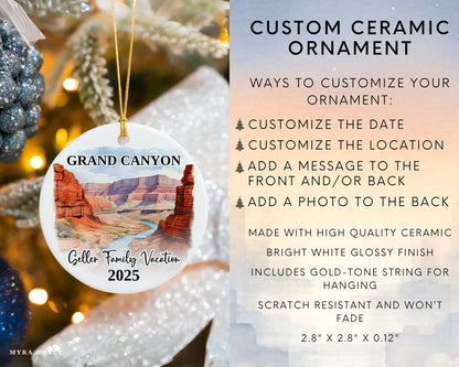 Custom vacation Grand Canyon ceramic photo ornament with personalized message – handmade Christmas bauble, gift souvenir, or vacation keepsake. Infographic