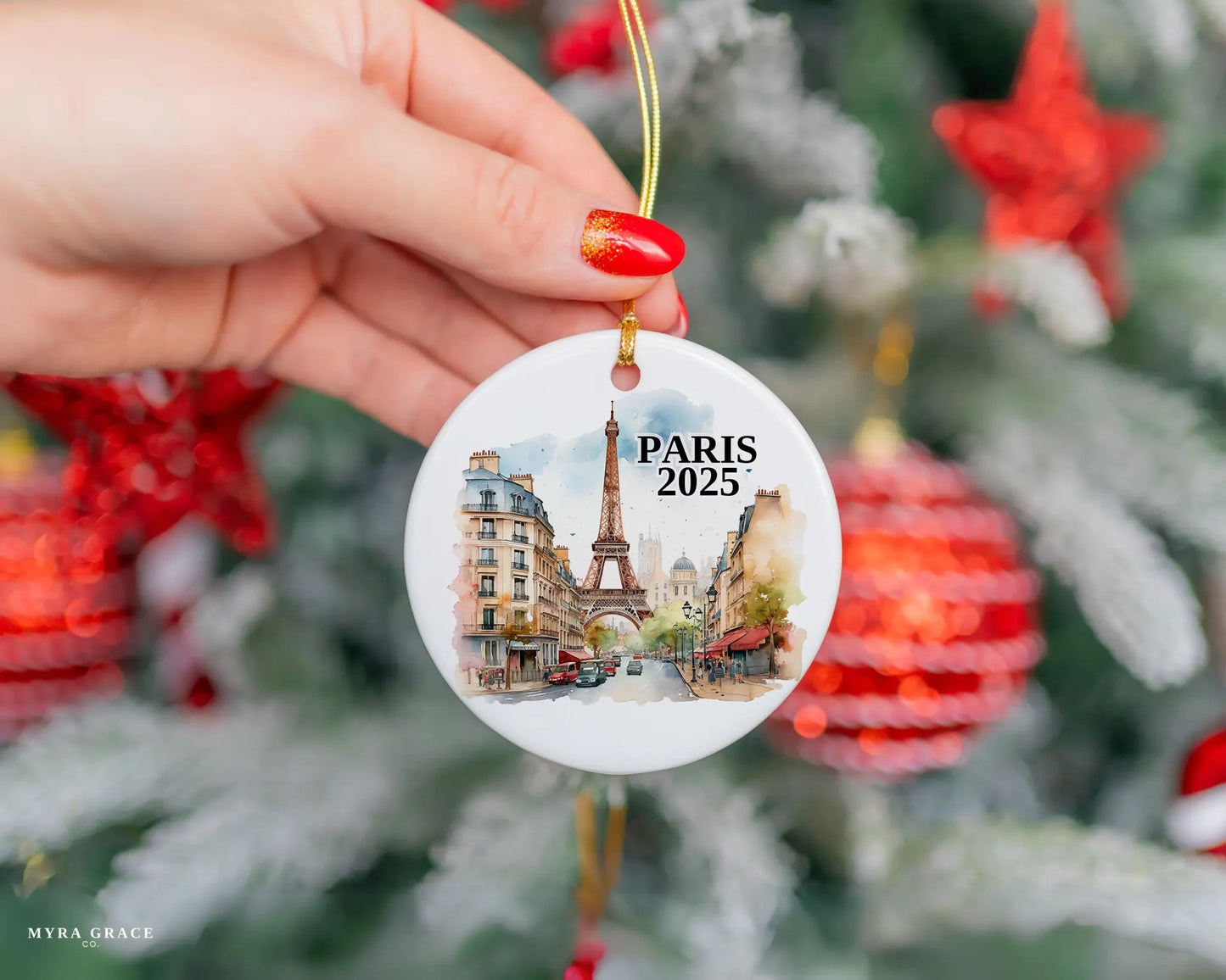 Custom Paris France ceramic photo ornament with personalized message – handmade Christmas bauble, gift souvenir, or vacation keepsake.  