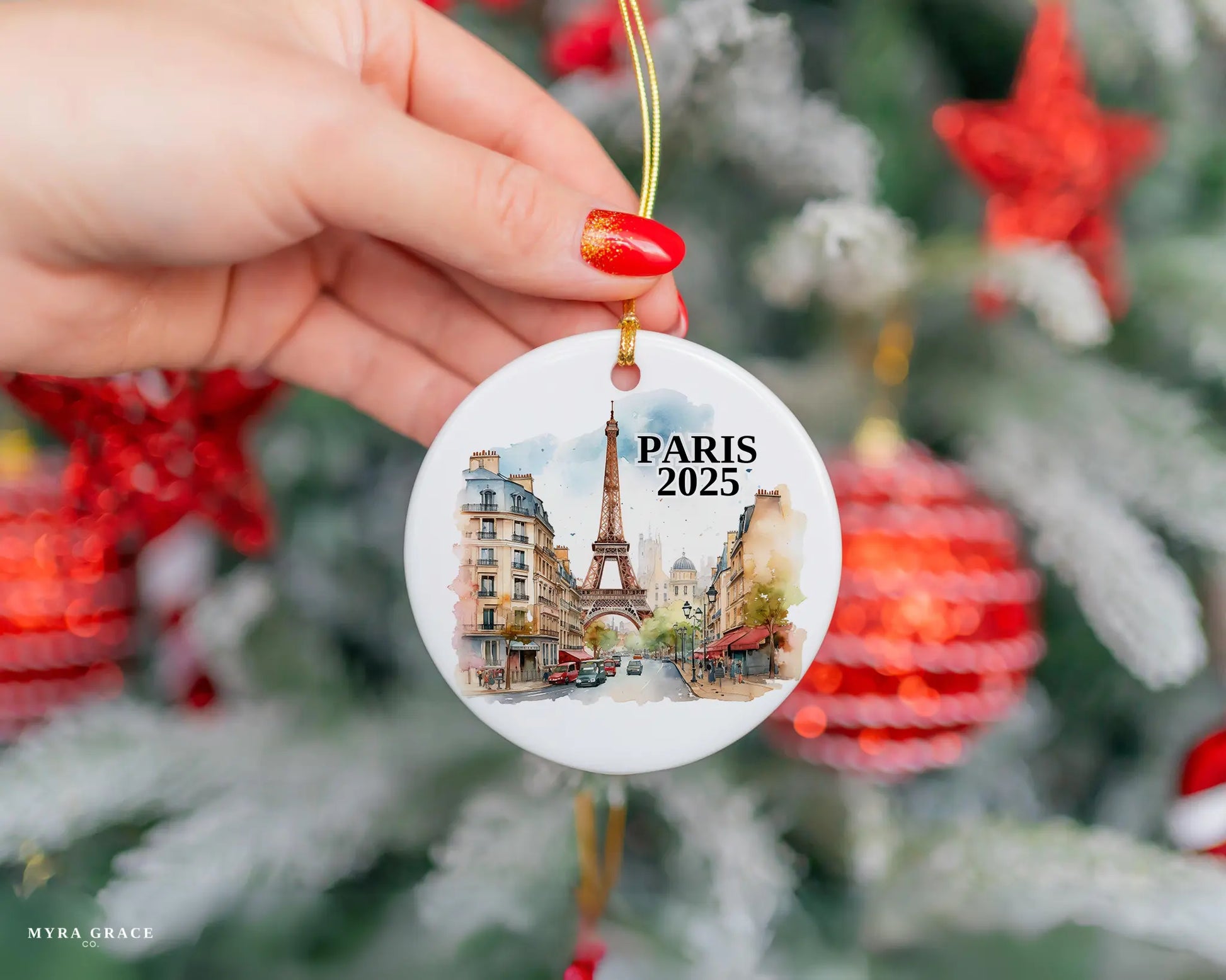 Custom Paris France ceramic photo ornament with personalized message – handmade Christmas bauble, gift souvenir, or vacation keepsake.  