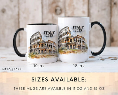 Custom ceramic Italy Colosseum vacation mug with watercolor location design, date, and personal photo – personalized travel gift or photo mug. Sizes available