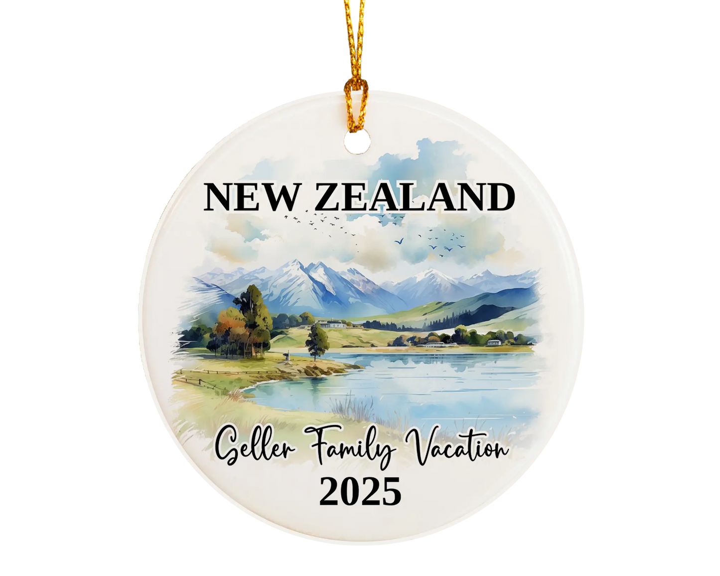 Custom vacation New Zealand ceramic photo ornament with personalized message – handmade Christmas bauble, gift souvenir, or vacation keepsake. 