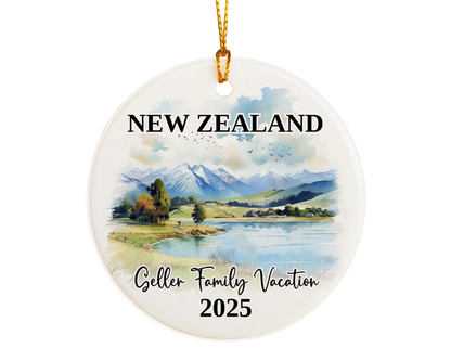 Custom vacation New Zealand ceramic photo ornament with personalized message – handmade Christmas bauble, gift souvenir, or vacation keepsake. 