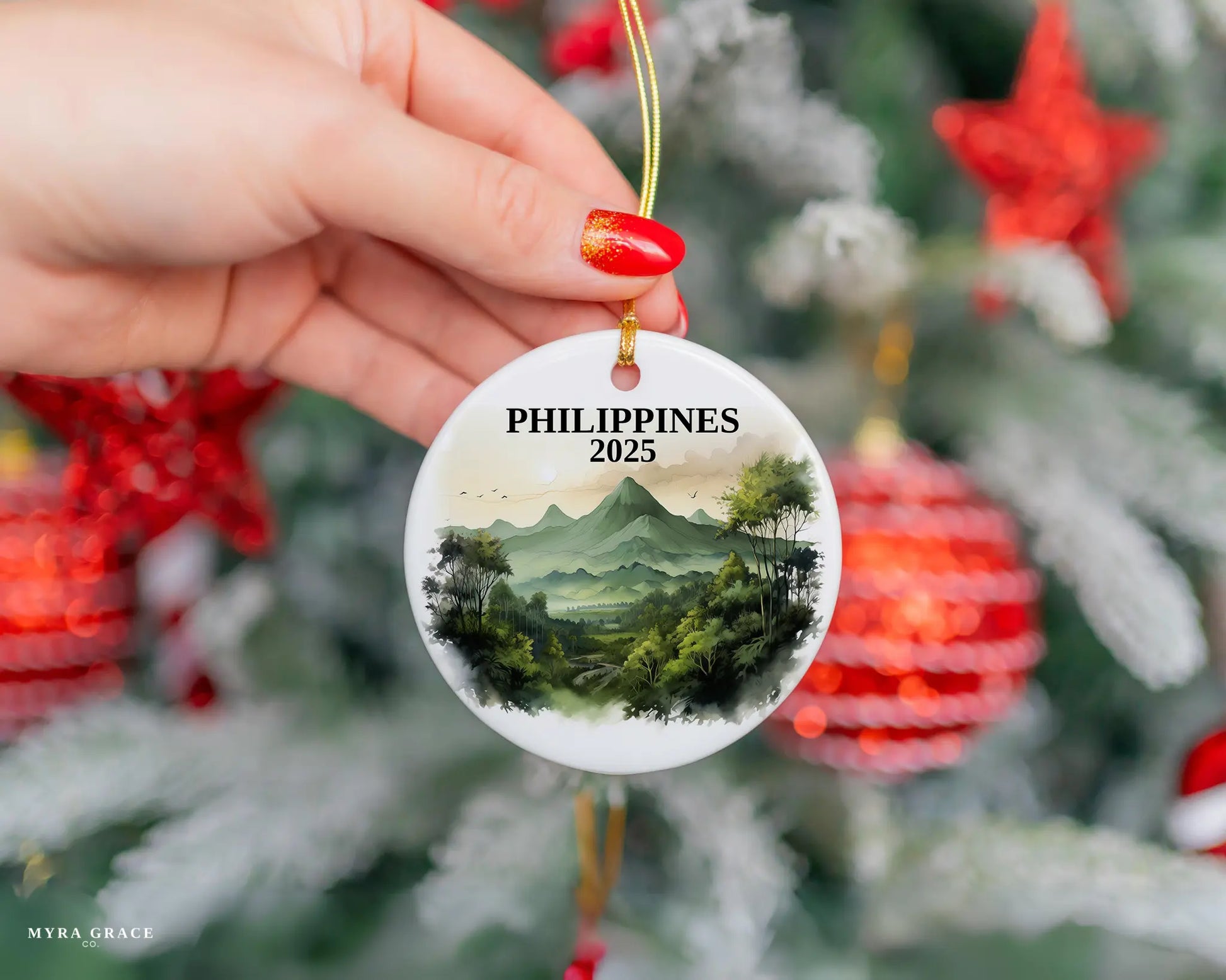 Custom Philippines ceramic photo ornament with personalized message – handmade Christmas bauble, gift souvenir, or vacation keepsake. 