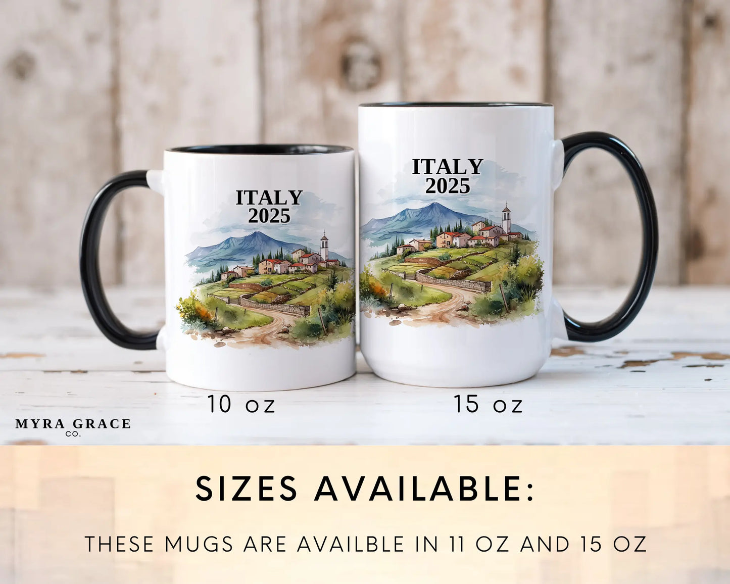 Custom ceramic Italy vacation mug with watercolor location design, date, and personal photo – personalized travel gift or photo mug. Sizes available