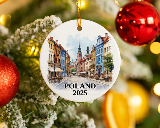 Custom Poland ceramic photo ornament with personalized message – handmade Christmas bauble, gift souvenir, or vacation keepsake. 