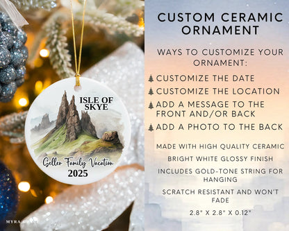 Custom vacation Isle of Skye Scotland ceramic photo ornament with personalized message – handmade Christmas bauble, gift souvenir, or vacation keepsake. Infographic