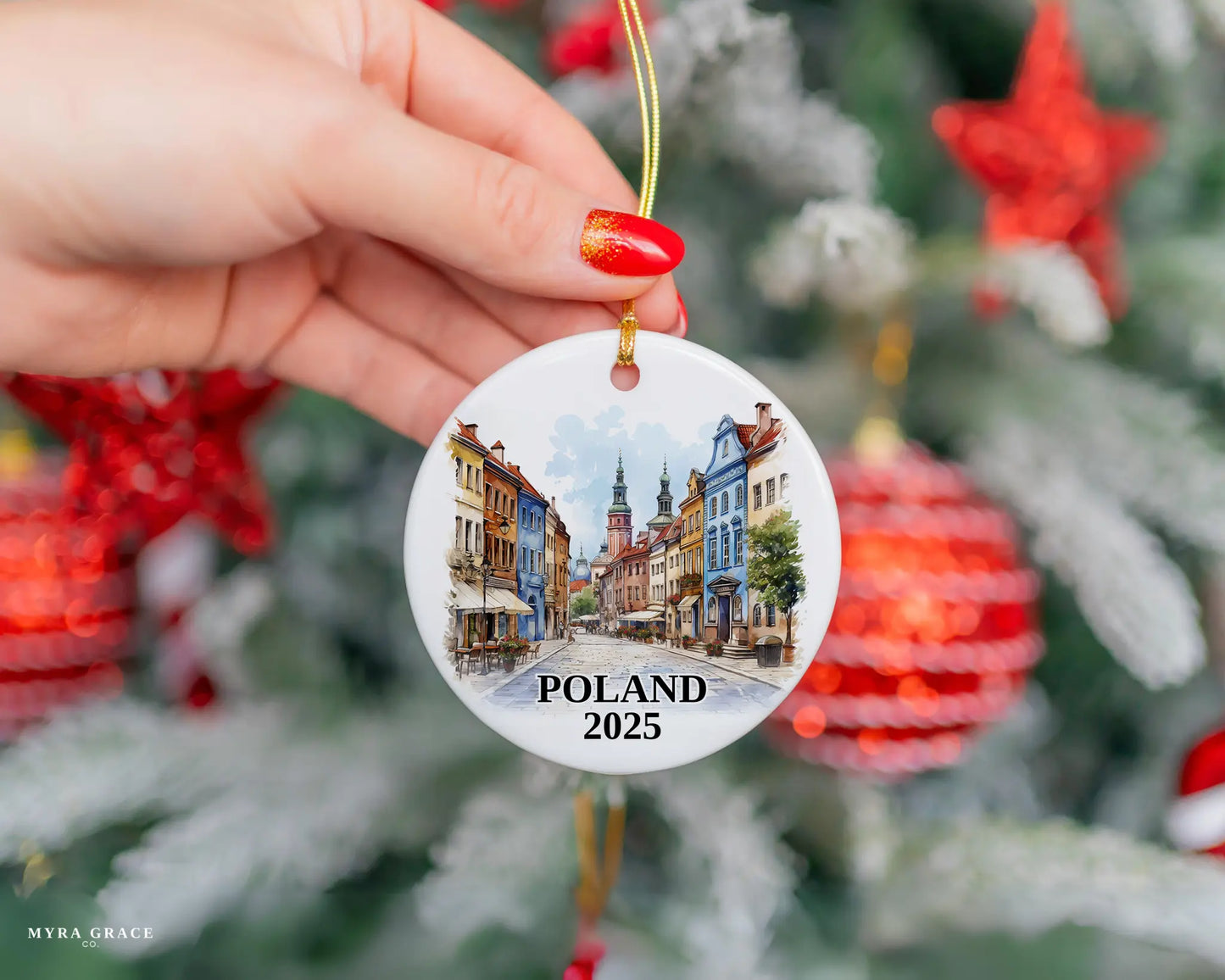 Custom Poland ceramic photo ornament with personalized message – handmade Christmas bauble, gift souvenir, or vacation keepsake. 