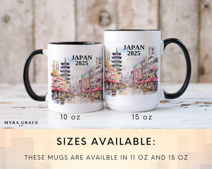 Custom ceramic Japan vacation mug with watercolor location design, date, and personal photo – personalized travel gift or photo mug. Sizes available