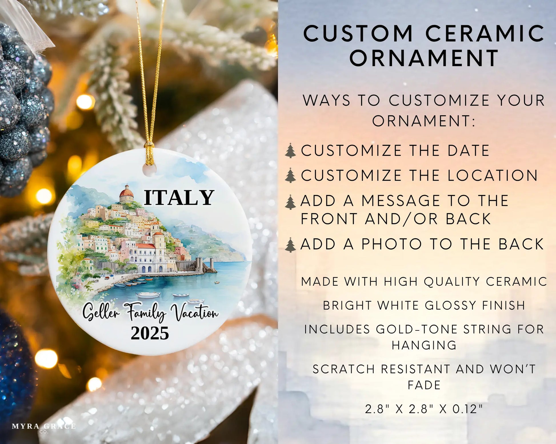 Custom vacation Italy Amalfi Coast ceramic photo ornament with personalized message – handmade Christmas bauble, gift souvenir, or vacation keepsake. Infographic