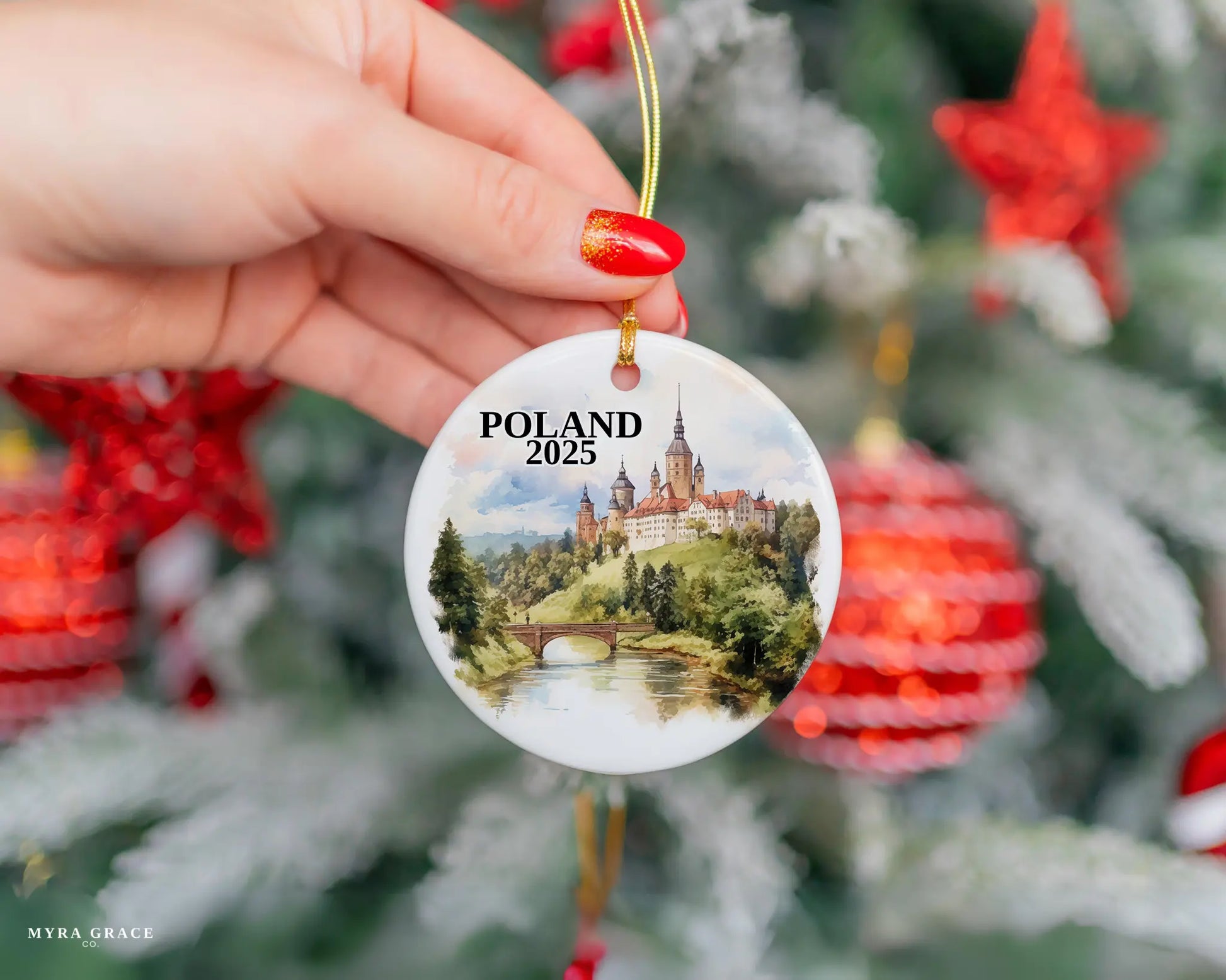 Custom Poland ceramic photo ornament with personalized message – handmade Christmas bauble, gift souvenir, or vacation keepsake. 