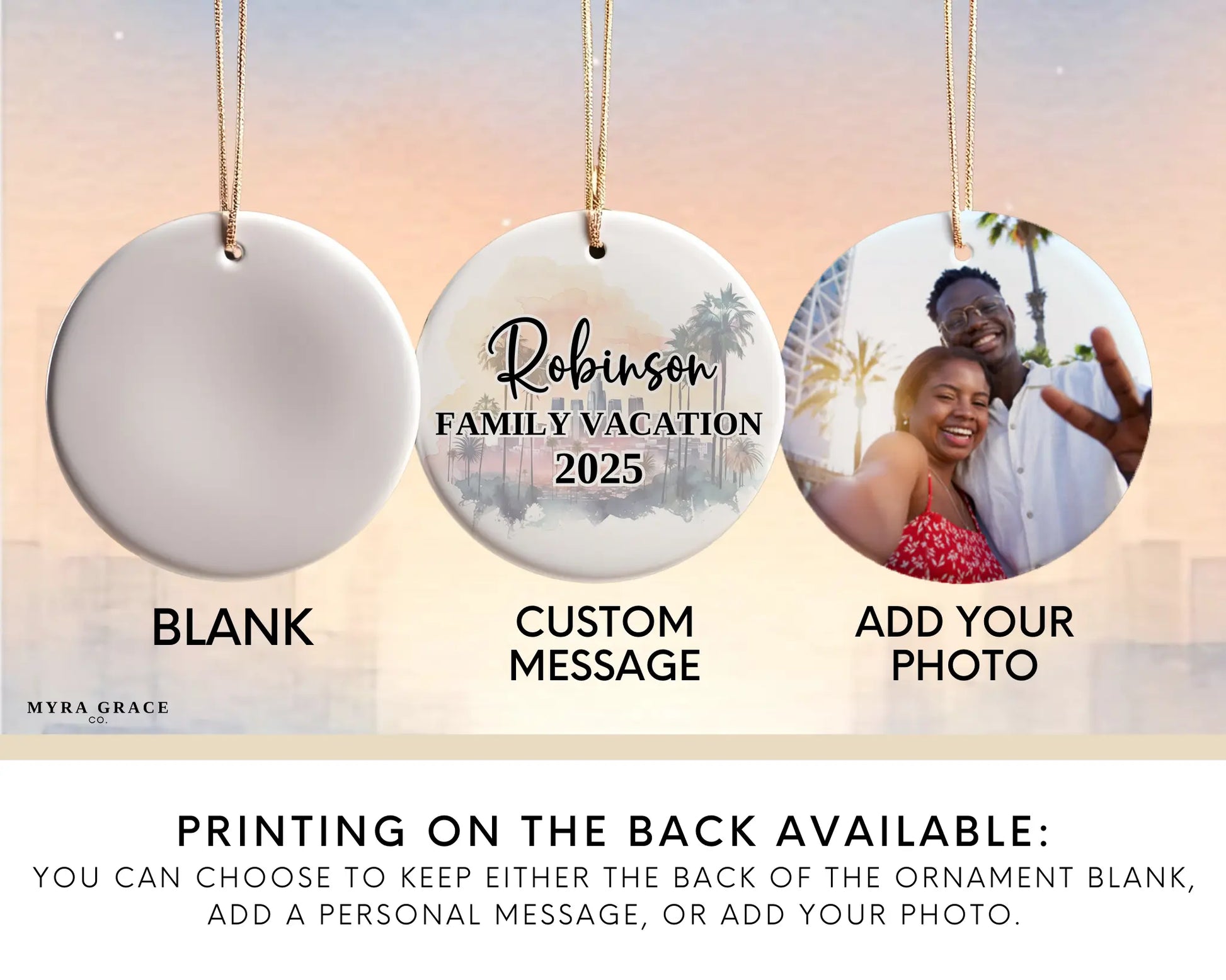 Custom Los Angeles California ceramic photo ornament with personalized message – handmade Christmas bauble, gift souvenir, or vacation keepsake.  Add your photo